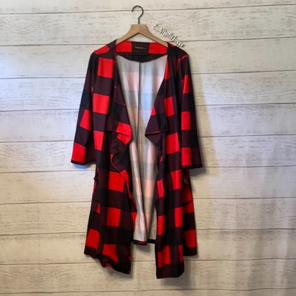Reborn Tops - *Reborn Collection Red Black Buffalo Plaid Plus Size Open Front Cardigan Top